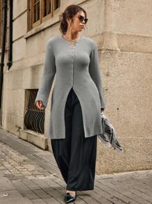 Easura كارديجان طويل مضفر بأكمام طويلة وأزرار فردية للنساء ذوات الحجم الكبير، لون أحادي