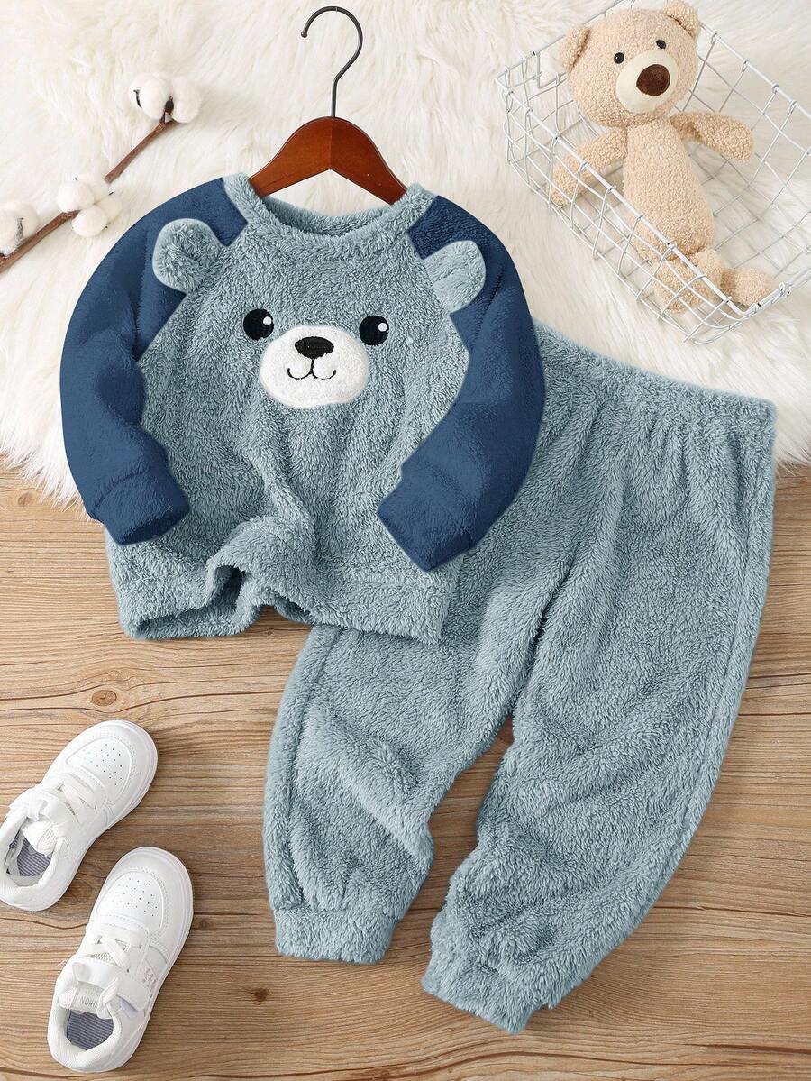 SHEIN 2pcs Young Boy Cute Cartoon Bear Pattern 3D Ear Double-Sided Fleece Pajama Set,Soft Long Sleeve Autumn Family Matching Sleepwear For Fall/Winter - Dusty Blue - View 1