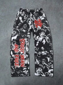 ROMWE MEN Street Life Herren Lässig Hose mit Slogan Aufdruck, geeignet für Frühling/Sommer - Schwarz - Übersicht 1