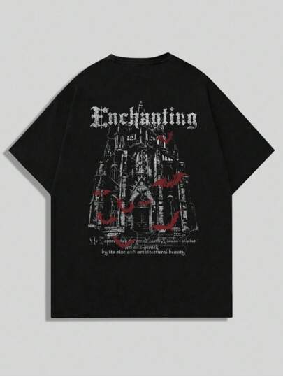 Men's Gothic Letter Printed Short Sleeve T-Shirt Suitable For Daily Wear In Spring And Summer, School, Halloween, 2000s Style