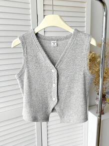 SHEIN 浅灰色短款女童针织背心，V领，罗纹针织上衣，少女毛衣上衣，少女上衣，灰色上衣 - 淺灰色 - 查看 3