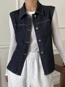 DAZY Women's Lapel Sleeveless Denim Vest, Casual City Style Denim Top