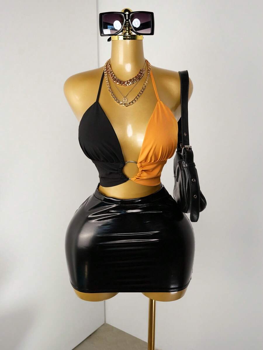 Zolique Two Tone O-Ring Detail Backless Knot Halter Top Graphic Tees Women Tops - Multicolor - View 1