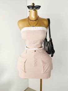 Mistrie 荷葉邊管狀上衣與翻蓋口袋短裙 - 杏色 - 查看 3