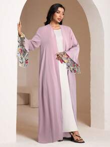 Al Najma Women's Floral Embroidered Mesh Flare Sleeve Arabic Abaya Cardigan