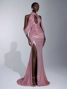 Elitara 优雅、浪漫、性感、简约、浅粉色、针织弹力面料、梭织、文胸罩杯、鱼尾裙摆、拖尾、时尚、网红、节日、度假、生日派对、婚礼活动、正式晚礼服 - 藕粉色 - 查看 2