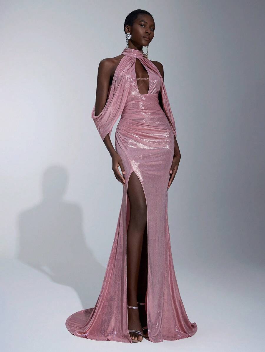 Elitara 优雅、浪漫、性感、简约、浅粉色、针织弹力面料、梭织、文胸罩杯、鱼尾裙摆、拖尾、时尚、网红、节日、度假、生日派对、婚礼活动、正式晚礼服