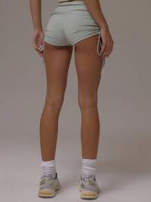 MUSERA Quần short ống rộng xếp ly buộc dây bên hông, kiểu dáng thường ngày, thích hợp mặc ở sân bay, đi học, mùa thu hè. - Màu xanh bụi bặm - Xem 5