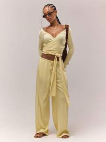 MUSERA 长袖深V裹身系带上衣，秋季复古乡村风，清新少女风，奶油黄/焦糖色，优雅假日风，春夏皆宜。 - 黃色 - 查看 4