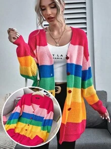 EMERY ROSE Cárdigan con botones y hombros caídos con rayas de arcoíris, cárdigan casual de mujer con cuello en V y hombros caídos, de talla grande, multicolor con rayas de arcoíris, para uso diario casual, de manga larga