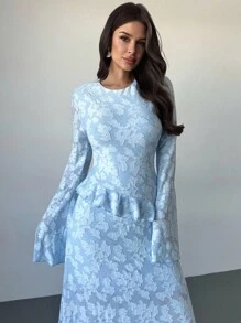 Firerie Rochie midi elegantă pentru femei, decupată, cu volane, în linie A, cu mâneci evazate, albastră, potrivită pentru vacanță, întâlniri, întoarcerea la școală, absolvire, purtare zilnică