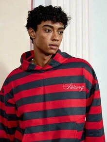 SWAVVY Men's Casual Hoodie With Digital Print Red And Black Striped Long Sleeve Sweatshirt, Spring/Autumn, For Fall Winter - Multicolor - View 9