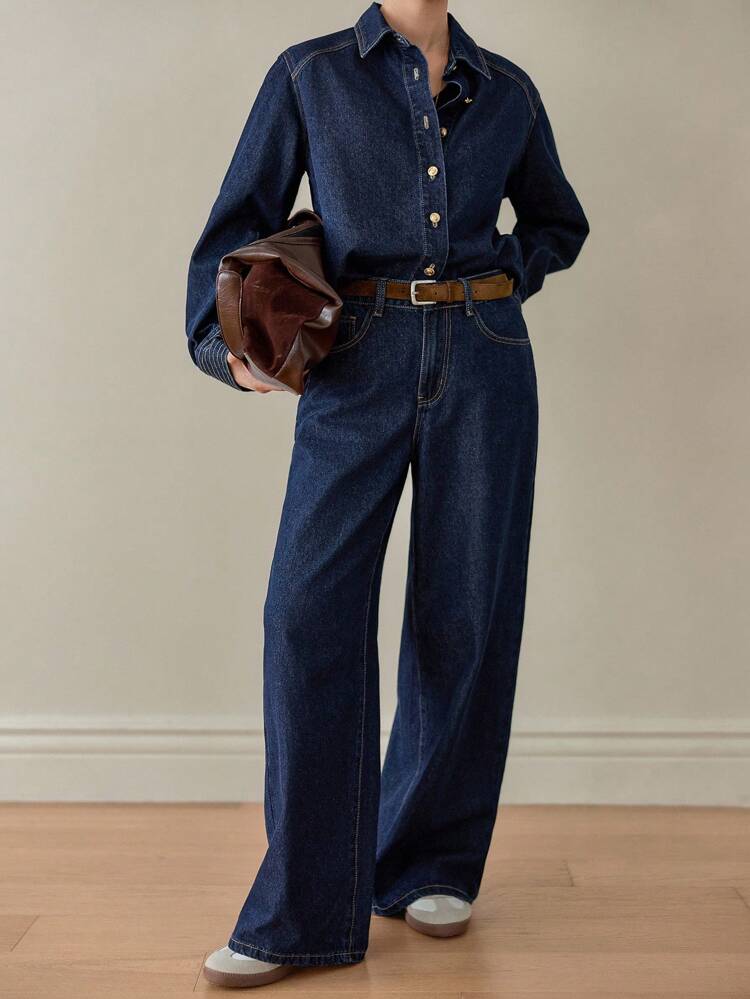 Women's Navy Blue Autumn Casual Denim Suit,Loose Vintage Washed Denim Top & Straight Leg Pants Two Pieces Set For Occasion,Contrast Stitching Splice