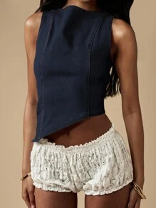 MISSGUIDED 无袖牛仔紧身胸衣上衣，撞色缝线，不对称原始下摆，短款设计，夏季节日休闲派对晚装背心 - 深色水洗藍 - 查看 6