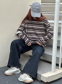 Dazy Kids Teen Girl Loose Casual Striped Crew Neck Long Sleeve T-Shirt, Autumn - Multicolor - View 2