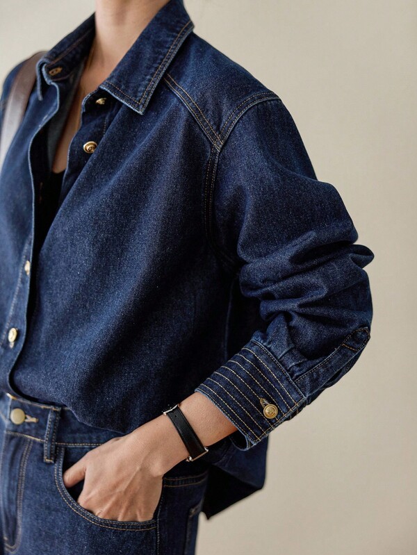 Dazy-Less 2pcs Women's Casual Business Loose Denim Outfit, Vintage Washed Plain Color Straight Leg Jeans Jacket And Pants Set With Contrast Stitching Decoration, Autumn/Winter,Fall Women Clothes