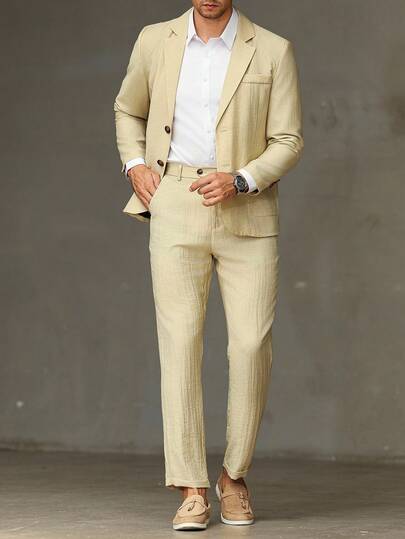 Manfinity Mode Conjunto de chaqueta y pantalón de unicolor con cuello de solapa y manga larga para hombres de talla grande