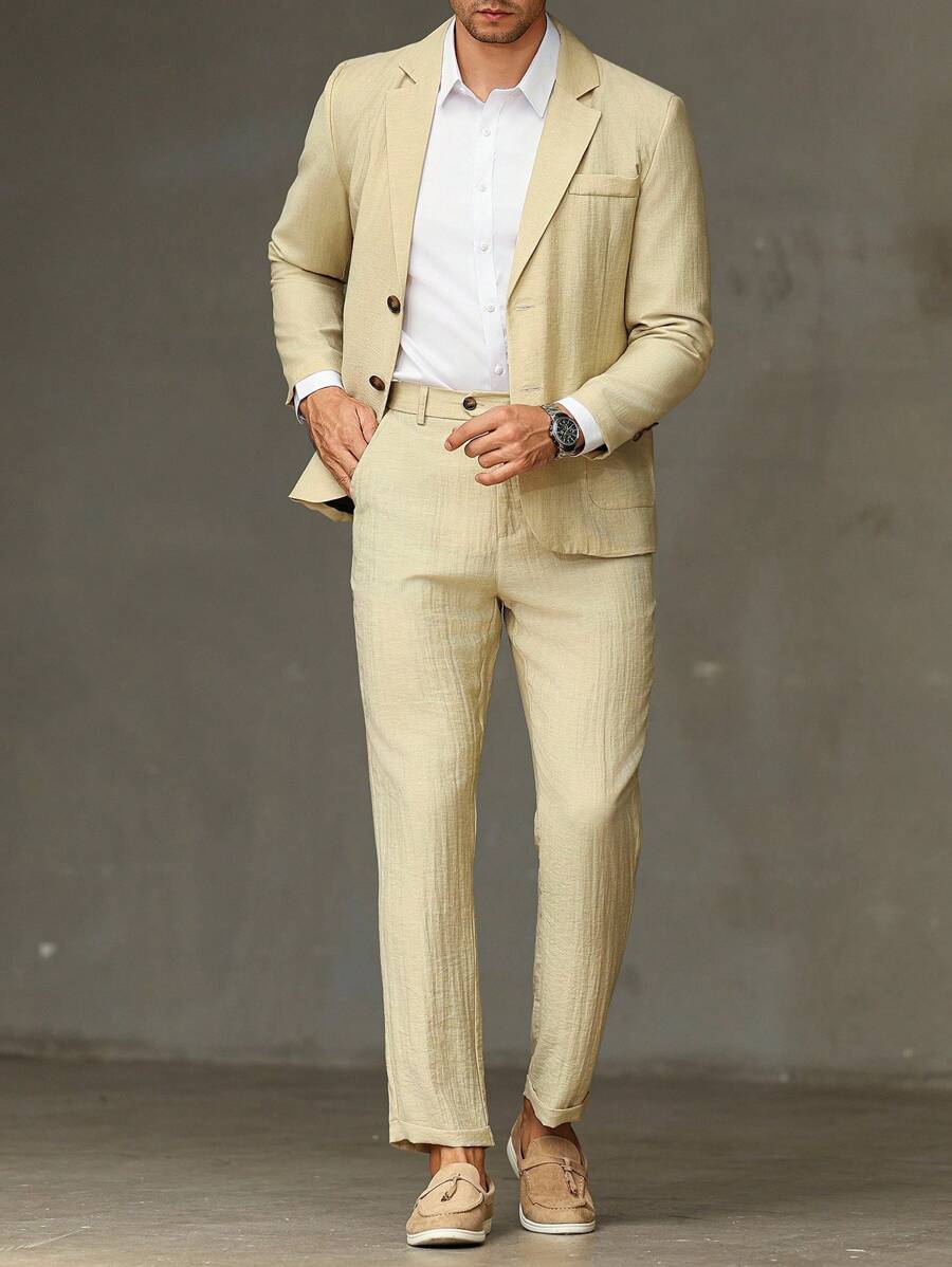 Manfinity Mode Plus Size Men's Solid Color Lapel NeckLong Sleeve Jacket And Pants Suit Set - Apricot - View 1