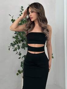 Jemour 女士性感露肩镂空紧身连衣裙长款女士服装 - 黑色 - 查看 2
