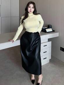 Dazy Plus PU Leather Waistband Design Fitted Long Straight Skirt, Plus Size For Autumn/Winter - Black - View 6