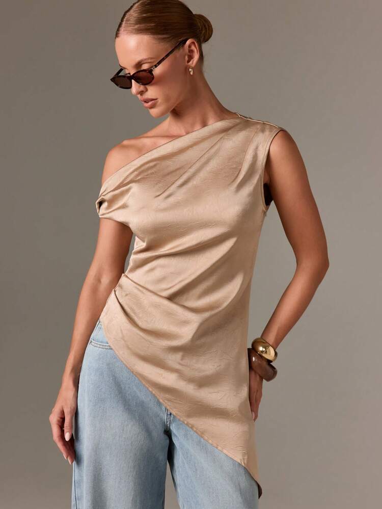 One Shoulder Satin Asymmetrical Draped Top｜AiiRZ