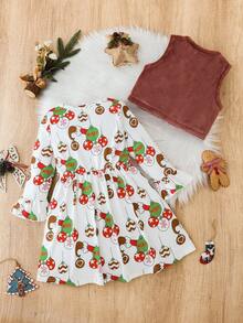 SHEIN Bộ 2 món áo len cardigan mềm mại thêu hình trái tim màu xanh lá cây phong cách Giáng sinh cho bé gái mùa thu/đông, họa tiết Giáng sinh, thiết kế đơn giản, thích hợp mặc hàng ngày và mặc thường ngày - Nhiều màu - Xem 2