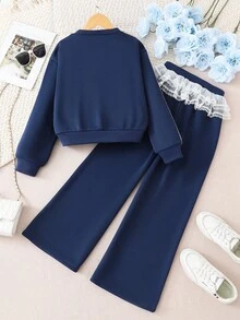 Sparklyn 青少年女孩休闲蝴蝶结运动衫和裤子套装 - 藍色 - 查看 2