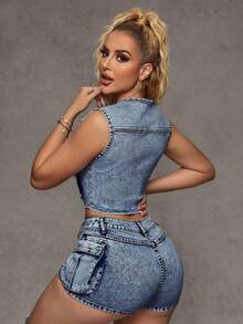 SHEIN BAE Damen Reißverschluss-Vorder Utility Tasche Lässig Jeans Weste Jacke