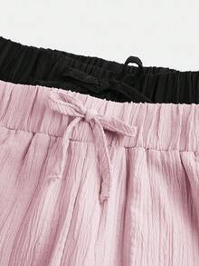 SHEIN Girlism 2pcs Tween Girls' Casual Woven Textured Bow Loose Wide Leg Pants Set, Black + Khaki, Relaxed Holiday Style, Back To School Season, Summer Pants, Drawstring Pants, Loose Pants, Pants For Summer, Wide Leg Summer Pants Fall Winter - Baby Pink - View 7