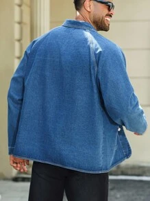 Manfinity Homme 男士加大码蓝色复古水洗绣花领百搭宽松牛仔夹克，适合丈夫和男朋友，秋季