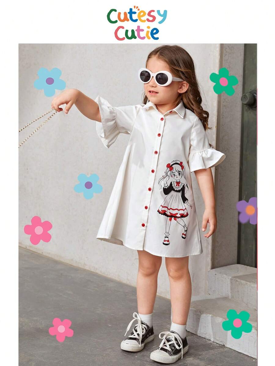 SHEIN 少女人物圖形荷葉袖襯衫裙