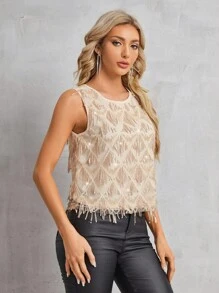 SHEIN Clasi 女性閃爍流蘇背心 - 香檳色 - 查看 5