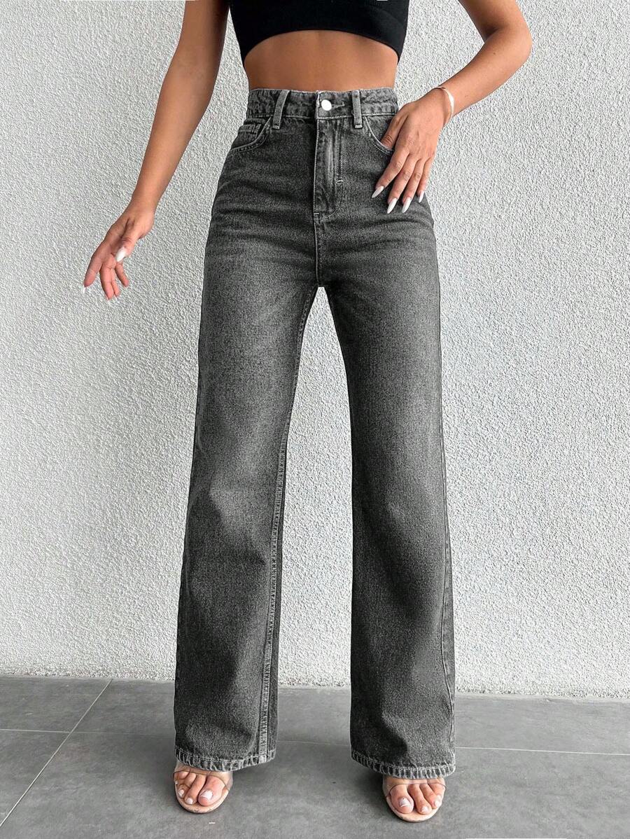 EURMUSE 99%Cotton Zipper Fly Straight Leg Jeans - Light Grey - View 1