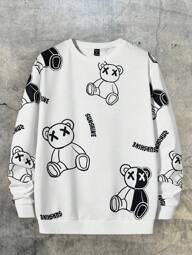 AXEPEAK メンズカジュアルベアー&レタープリントスウェットシャツ、秋用