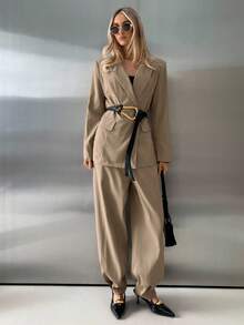 Aloruh Women's Elegant Khaki Summer Business Casual Office Suit Set,Long-Sleeved Jacket,High Waist Wide-Leg Pants,Simple Basic Commuting 2pce Autumn/Winter - Khaki - View 1