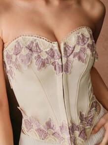 Savoree Beige Women's Hollow Embroidered Applique Decor Front Button Corset Fitted Waist Romantic Elegant Lace Trim Blouse