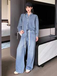 DAZY Women's Denim Suit, Washed Distressed Tie-Up Drawstring Shirt Top And Straight Leg Cargo Pants Set, Autumn/Winter,Fall Women Clothes - Light Wash - View 2