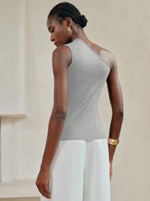 Arave Women's Summer Sleeveless Gray Hollow Metal Button 3D Flower Decoration One Shoulder Tank Top Resort Wear For Women, Vacation Tops, Gold Buttons, Sexy Tops Vacation Outfits Woman Off The Shoulder Top Party Dresses For Women