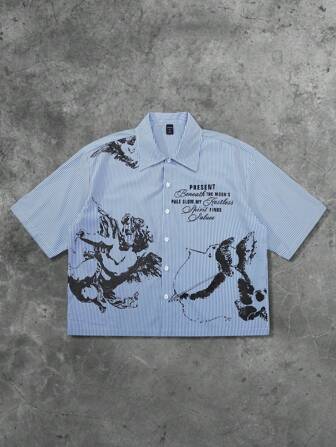 Street Life Men's Angel Print Striped Casual Versatile Shirt