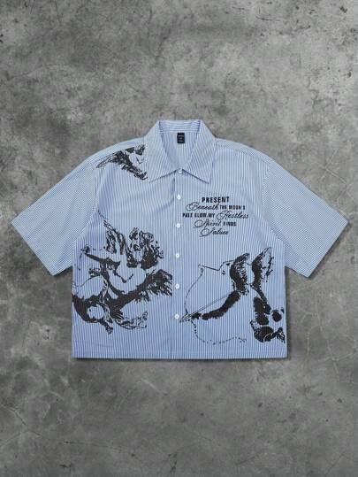 Street Life Men's Angel Print Striped Casual Versatile Shirt