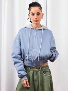 COUREZ Chaqueta con capucha azul oversize/Tops lindos Y2K para salir, volver a la escuela, chaqueta primaveral para mujeres - Neblina azul - Ver 6