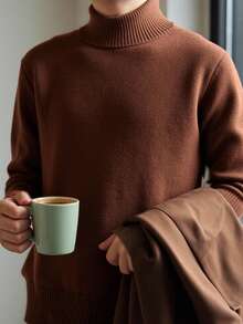 SHEIN Tween Boy Solid Color Turtleneck Pullover Sweater,Back-To-School Casual School Shades Of Brown,Autumn Winter Versatile Outdoor Gathering Knitwear - Brown - View 7