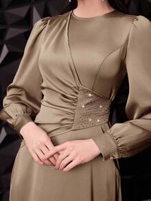 Veilorie 女士纯色简约日常长袖连衣裙长款晚礼服 - 駝色 - 查看 9