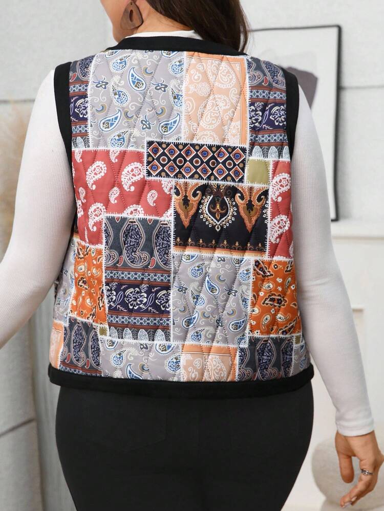 Plus Size Patchwork Print Sleeveless Jacket, Casual For Women's, Fall Women's Clothes, Autumn/Winter