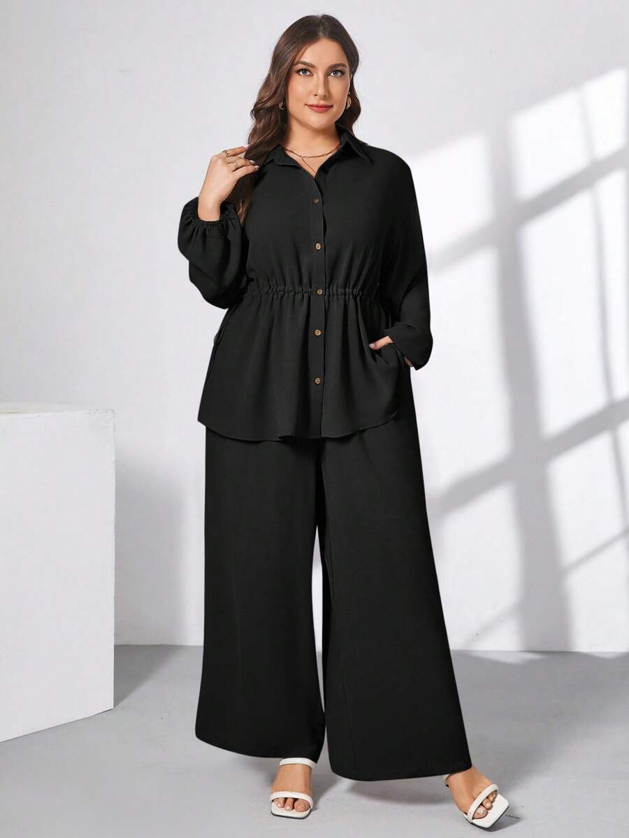 SHEIN Essnce Plus Size Women's Spring And Summer Fashion Casual Loose Comfortable Daily Cool Fabric Apricot Long Sleeve Button Waist Shirt And Wide Leg Pants Two Pieces Set, Conservative Clothing, Pants Set
