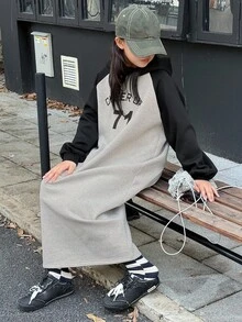 Dazy Kids 少女针织抓绒连帽印花连衣裙，秋冬季 - 灰色 - 查看 3