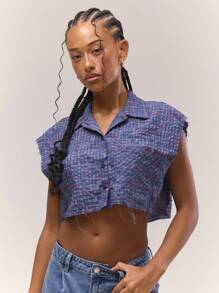 MUSERA Áo croptop không tay cài nút họa tiết kẻ caro phong cách đường phố Y2K, thích hợp cho cô gái cá tính, đi nghỉ mát thành phố, mùa xuân hè. - Màu xanh lam - Xem 1