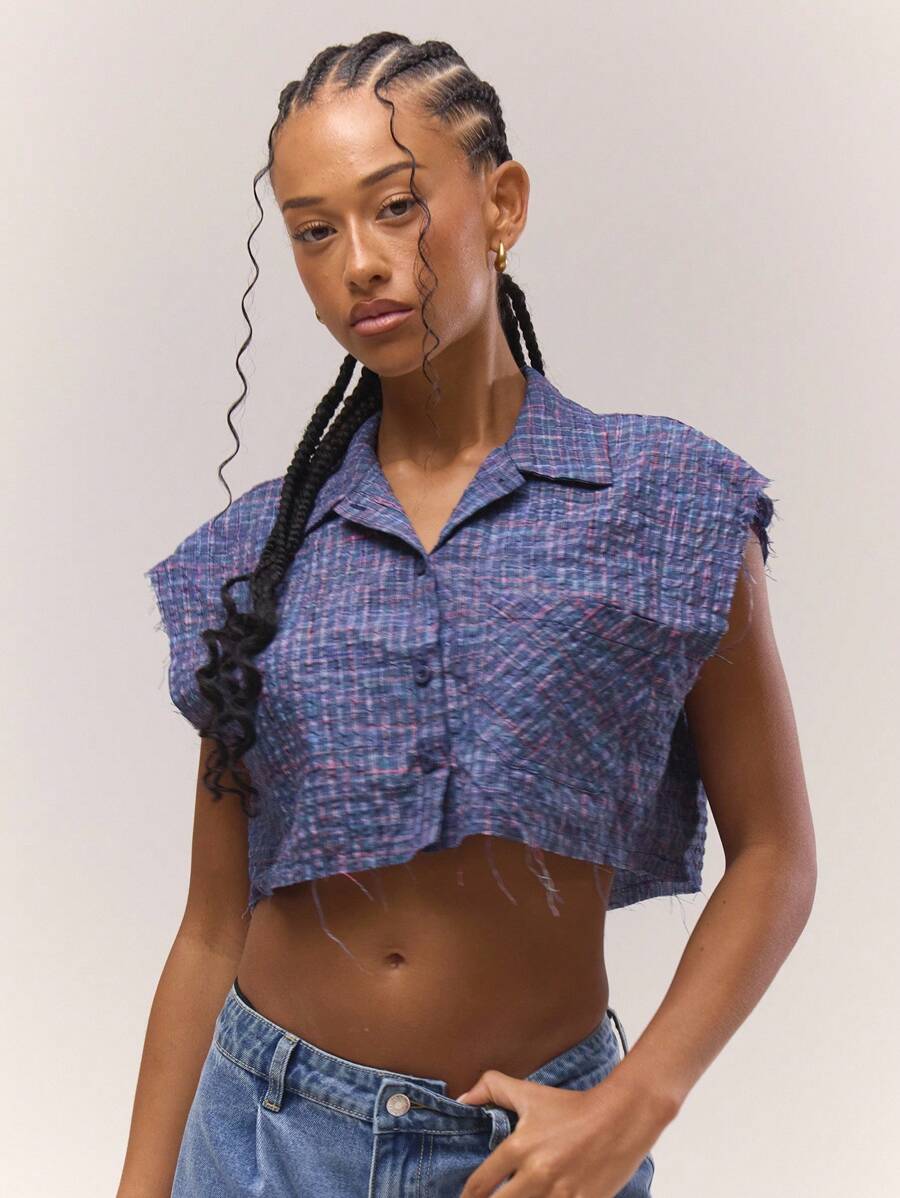 MUSERA Áo croptop không tay cài nút họa tiết kẻ caro phong cách đường phố Y2K, thích hợp cho cô gái cá tính, đi nghỉ mát thành phố, mùa xuân hè. - Màu xanh lam - Xem 1