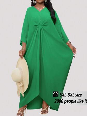 SHEIN CURVE+ Curve 大码/秋装/秋季女装/女冬装/冬装大码女式绿色编织 3/4 袖长袍，宽松飘逸假日礼服，宽松版型新娘伴娘送礼海滩婚纱