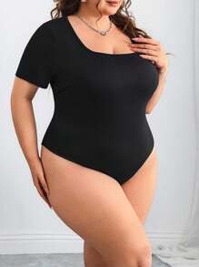 SHEIN CURVE+ 2件装加大码黑白短袖紧身连体衣，女士加大码连体衣，2件装加大码连体衣，曲线身材连体衣 - 黑與白 - 查看 3